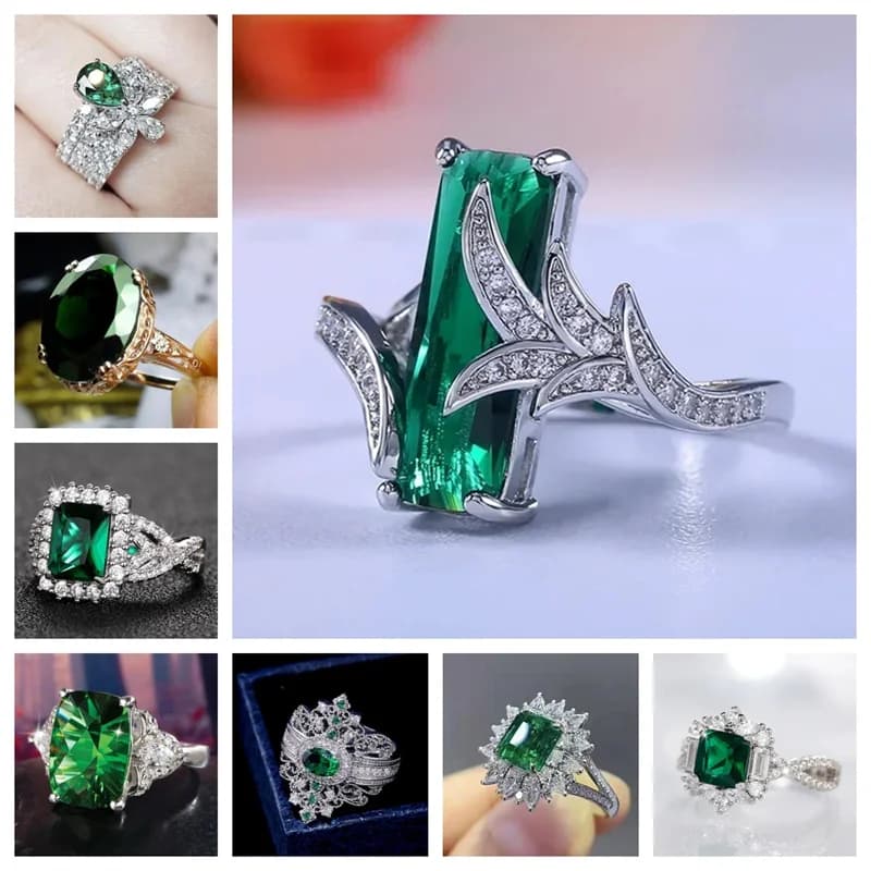 2025 New European and American ring with green zircons inlaid for female actress, elegant wedding, eternal love jewelry