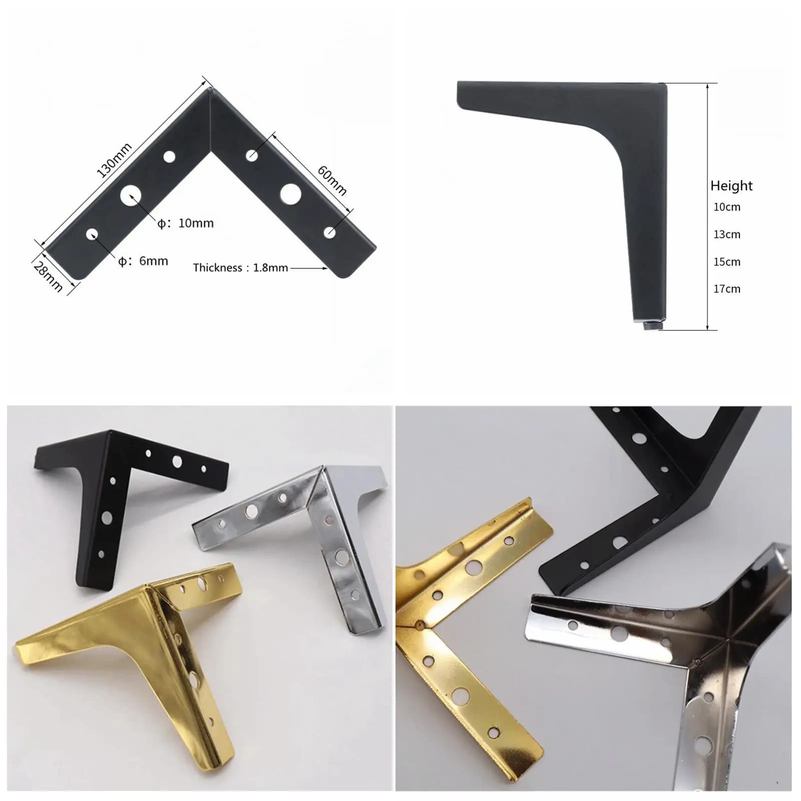 4 gambe per mobili in metallo da 10 cm, 13 cm, 15 cm, 17 cm, piedini per divano e armadietto