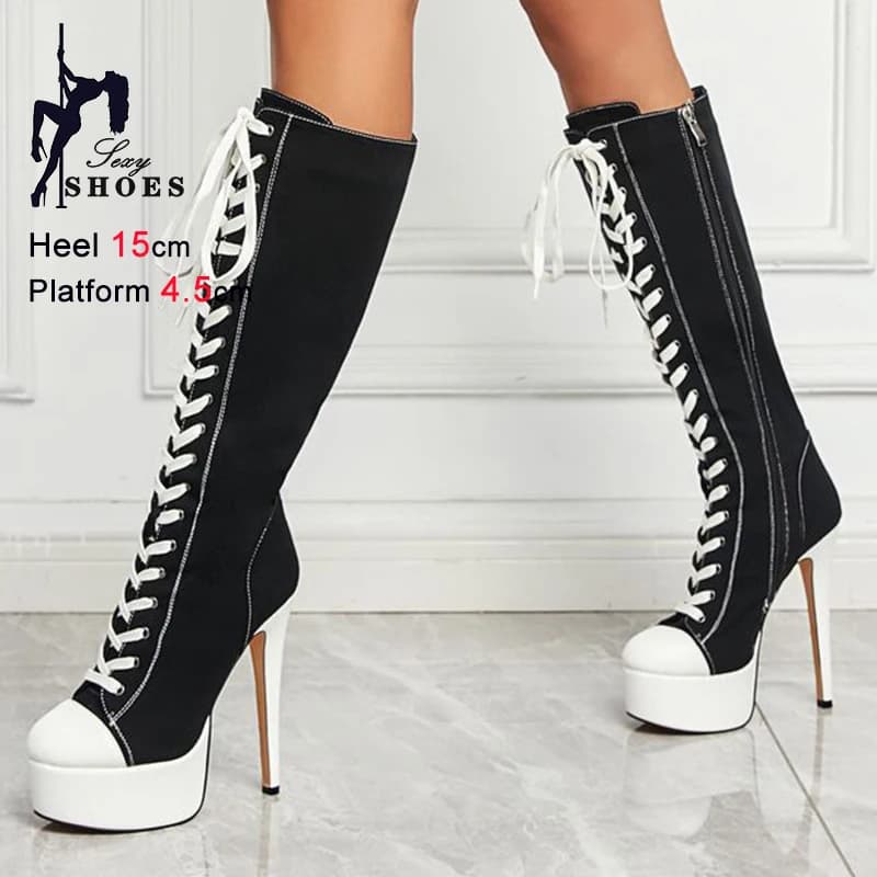 Spring Autumn Fashion Black White Knee Boots Women's Canvas Slim high heels 15 cm Platform 4.5 cm Long boots with laces