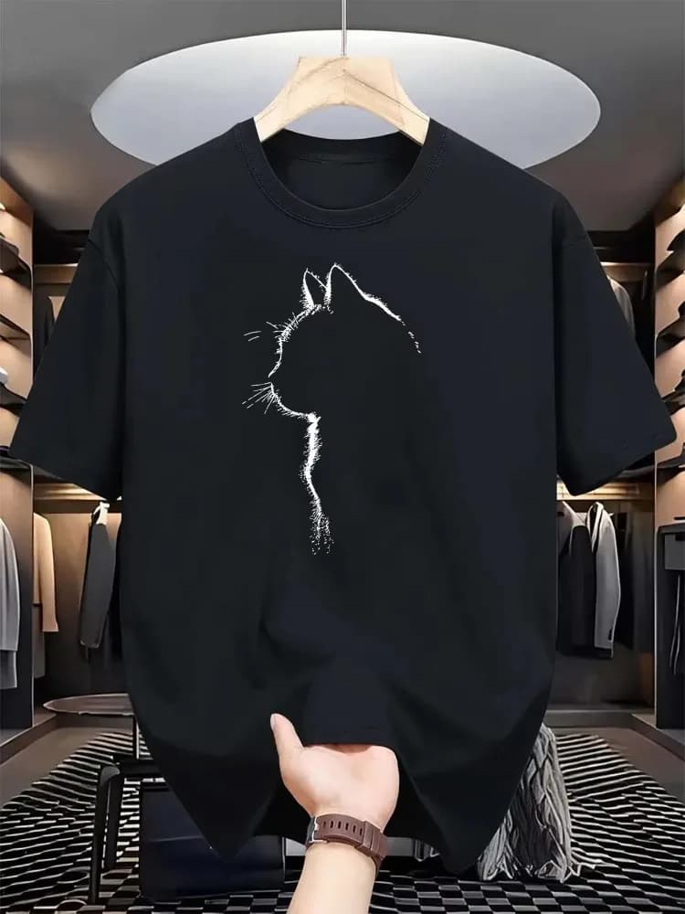 Summer Men Casual Loose Round Neck Short Sleeve Cat Print T Shirt 100 Pure Cotton Comfort Sports Daily Top