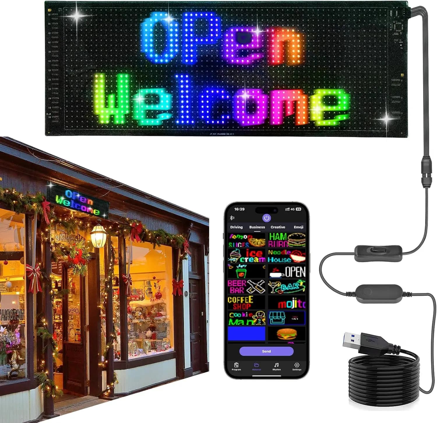 Double Row Slide LED Programmable Card, Flexible and Brighter APP Control Panel Display Screen, Custom Text for Car Shop
