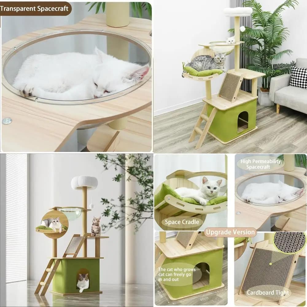 Grande Albero per Gatti Verde da 150 cm con Casette, Tiragraffi, Amaca, Capsula, Piattaforma in Peluche e Pallina Sospesa per Gatti da Interno