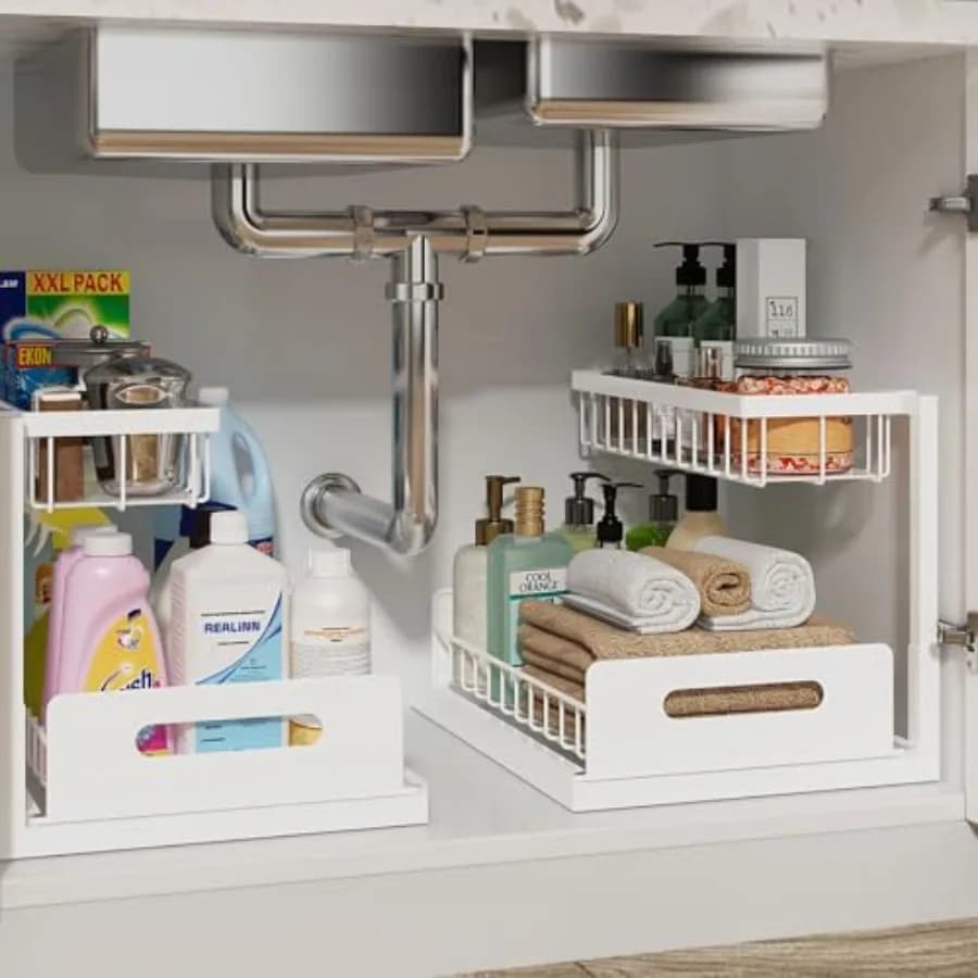 Organizzatore Sottolavello, Organizzatore Estraibile per Armadio, Ripiano Scorrevole in Metallo a 2 Livelli con Design a L per Cucina, Bagno, Lavanderia