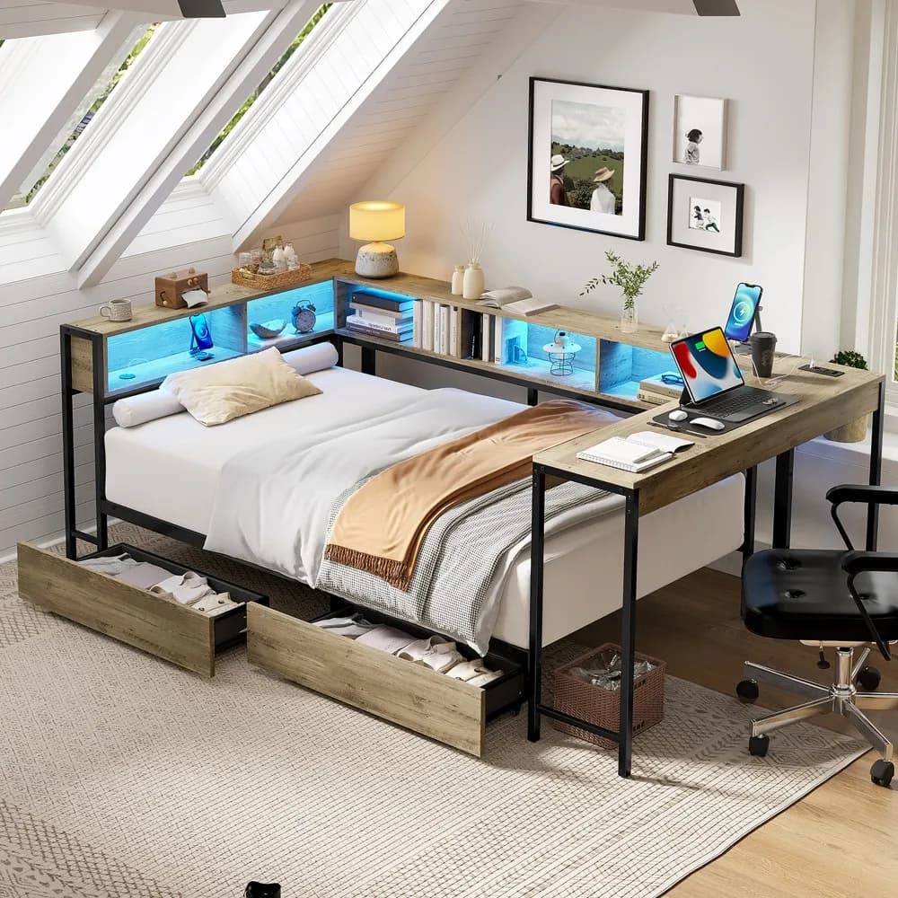 Letto a giorno matrimoniale ad angolo con stazione di ricarica, LED e libreria contenitore
