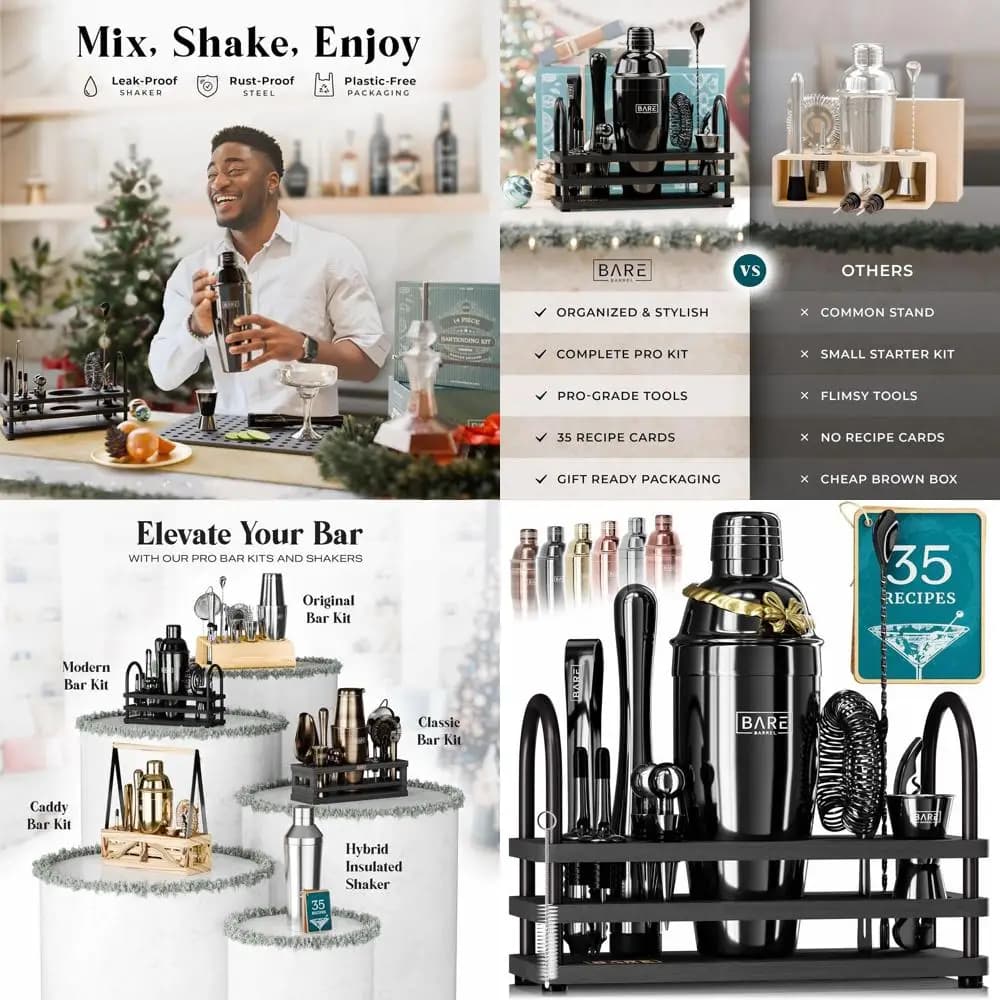 Kit da cocktail da 14 pezzi con 35 ricette | Set da Barman per Casa | Shaker Cobbler da 24 once | Nero