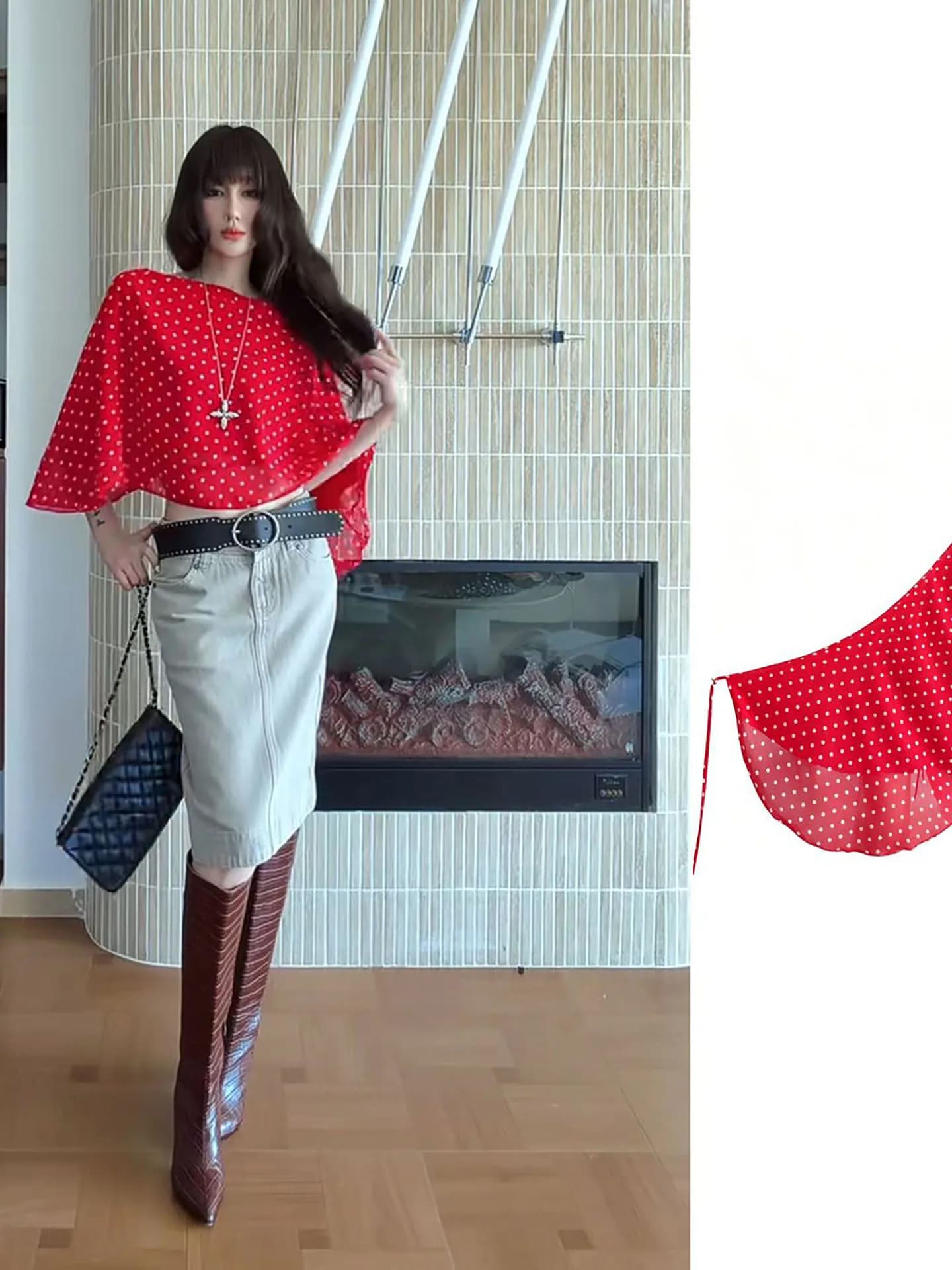 Red Polka Dot One-Piece Scarf Curtain Women's Multi-Ways Cowl Neck Shawl Strap Halter Skirt Large Scarf Casual Style