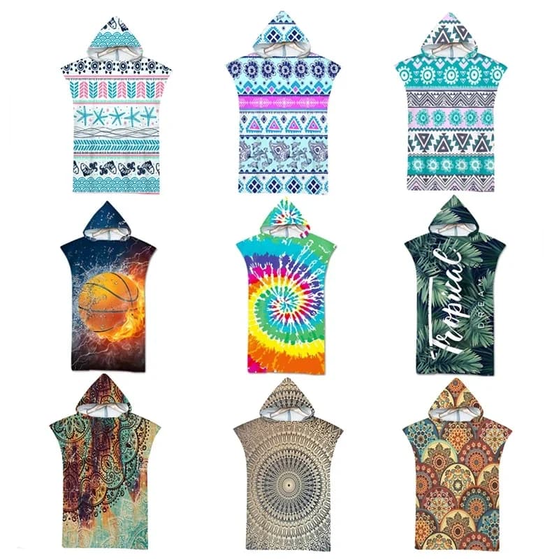 Soft Wearable Towel With Hood Adults Beach Towel Poncho Printed Geometric Microfiber Towel Beachwear Bathrobe