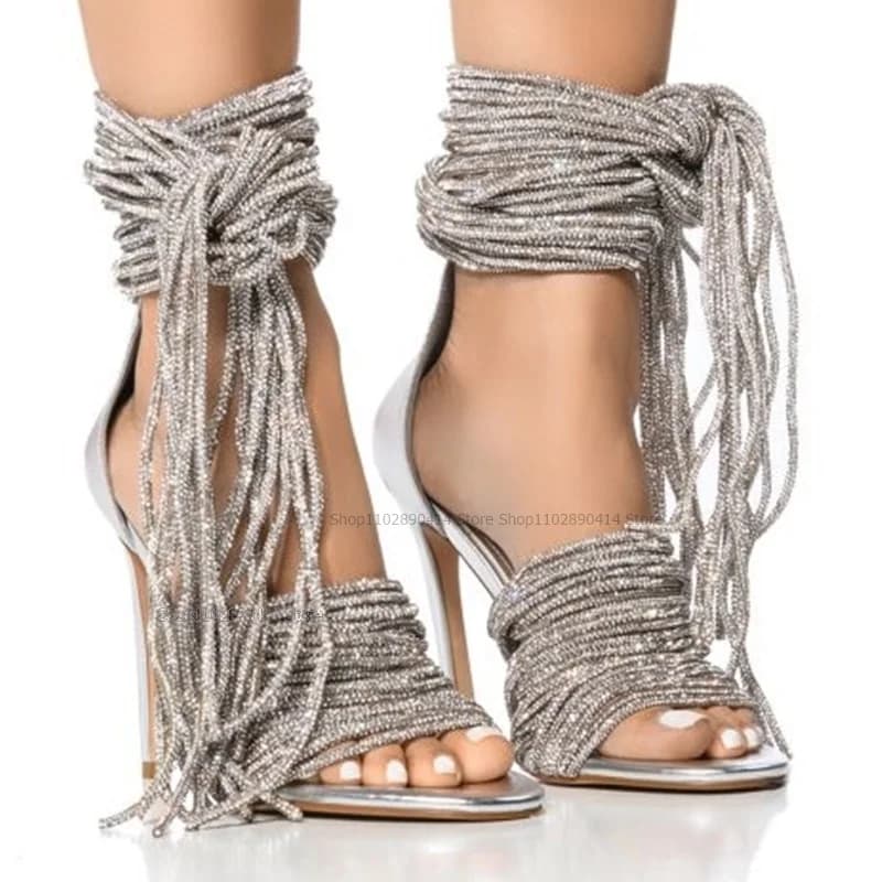 Argento corda Open Toe spago sandali cinturino anteriore e posteriore scarpe da donna tacchi a spillo tacchi alti moda romanzo 2023 Zapatos Para Mujere