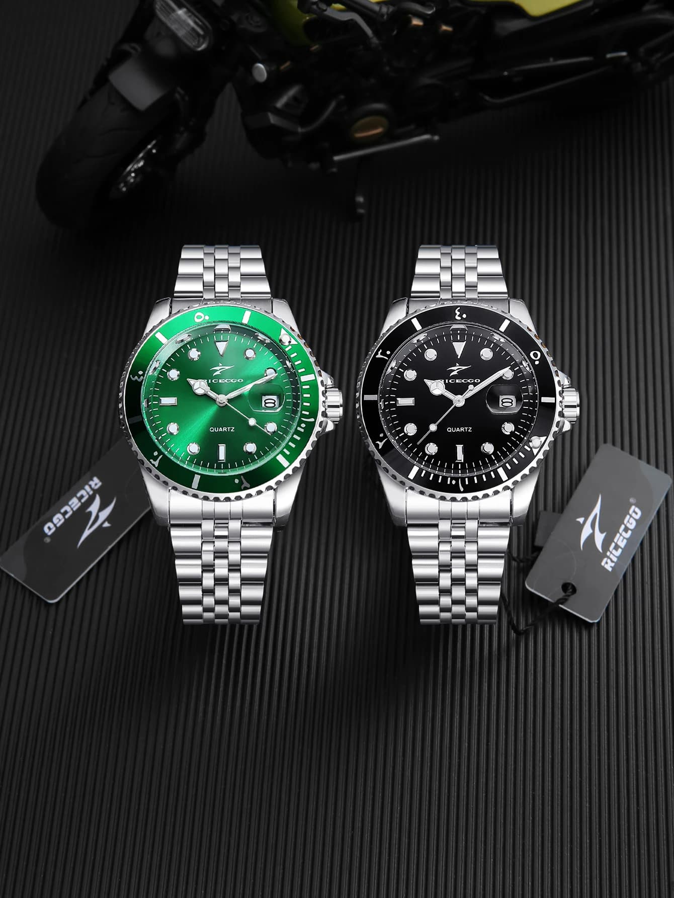 Orologio da Uomo RICECGO con Cinturino in Acciaio, Movimento al Quarzo, Lancette Luminose, Sportivo e Casual, Quadrante Nero-Verde con Calendario