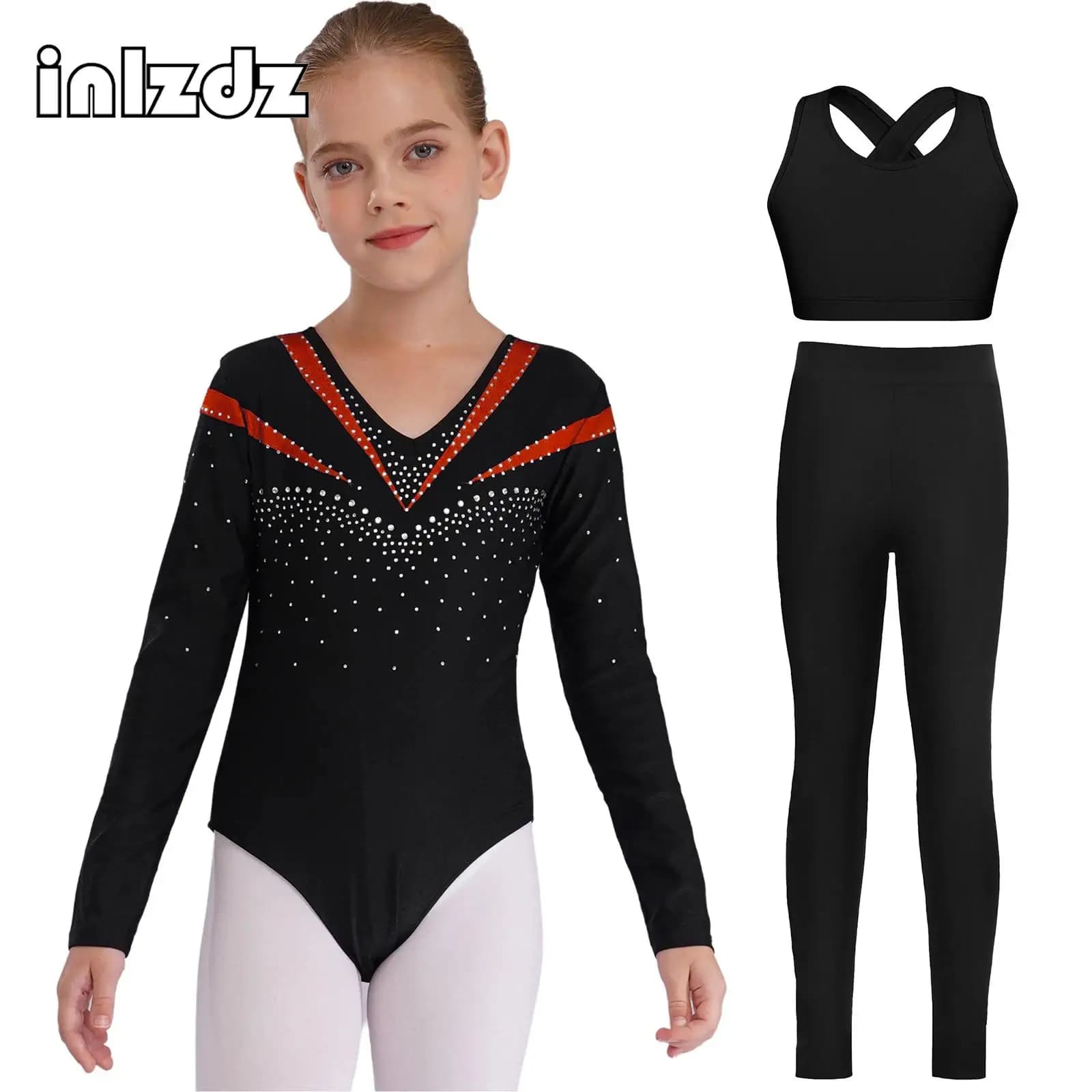 Set da ballo per balletto per bambina, manica lunga, strass lucidi, ginnastica, pattinaggio su ghiaccio, vestito da ballo per competizioni di performance