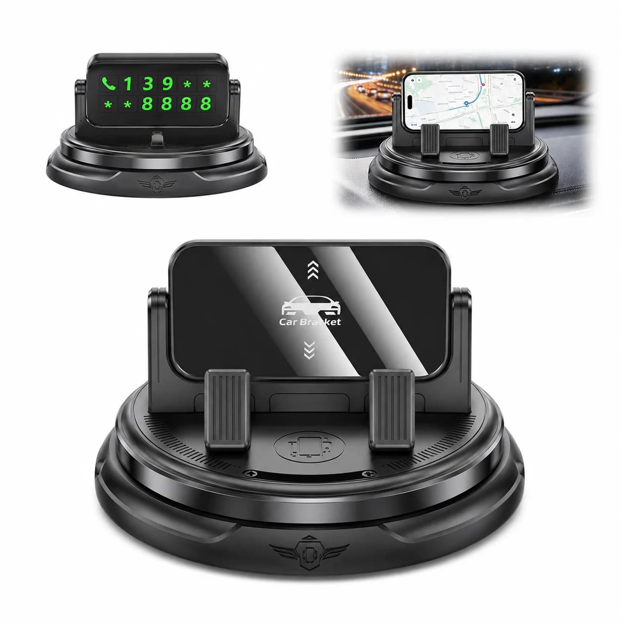 Car Phone Mount with Parking Number Plate Anti-Slip Dashboard Holder 360 Degree Rotation Head-Up Navigation Mobile Phone Stand