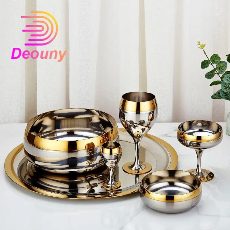 DEOUNY Bicchiere da vino con bordo dorato in acciaio inossidabile 304, ciotola, piatto, set di tazze, forniture da bar set di bicchieri da whisky Strumenti da bar