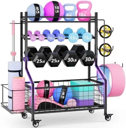WUC Porta Manubri con Ruote - Supporto Regolabile per Pesi, Kettlebell, Tappetini Yoga e Altro, Nero
