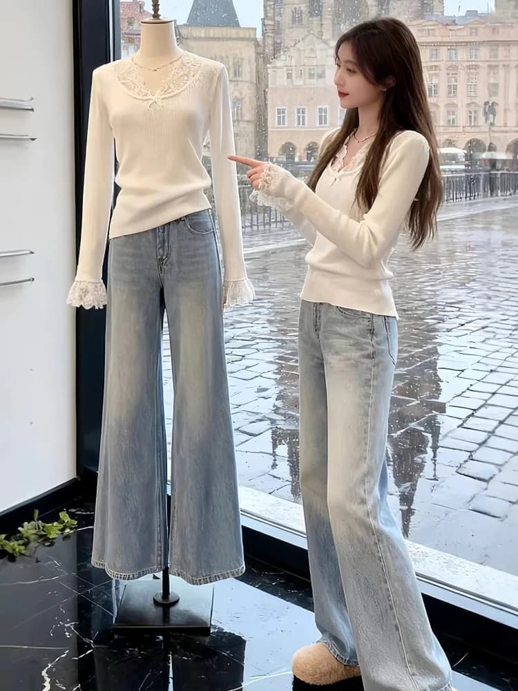 Completo due pezzi chic Primavera 2026: Top a maniche lunghe girocollo e jeans a vita alta, traspirante e slim fit