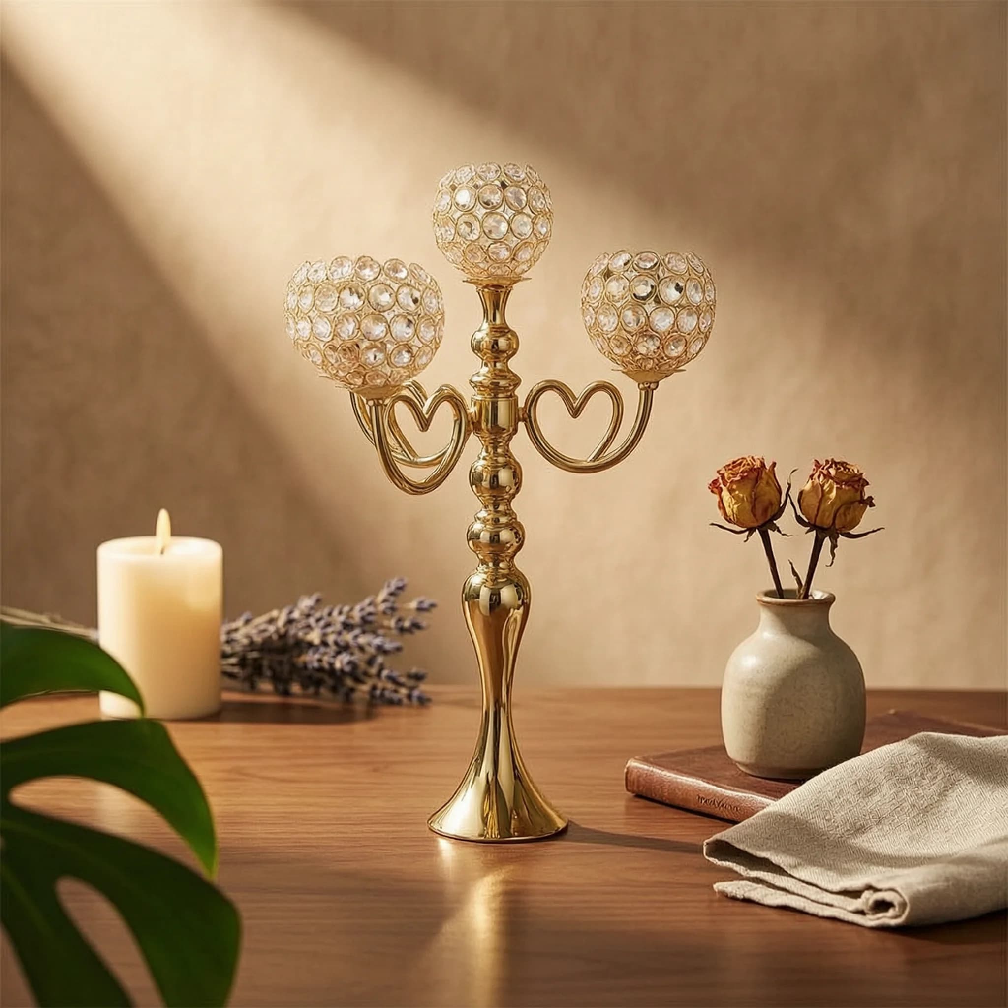 Candelabra with Crystal Beads Shiny Candle Holder with Five Heads Candle Holder with Crystal Bowls Elegant