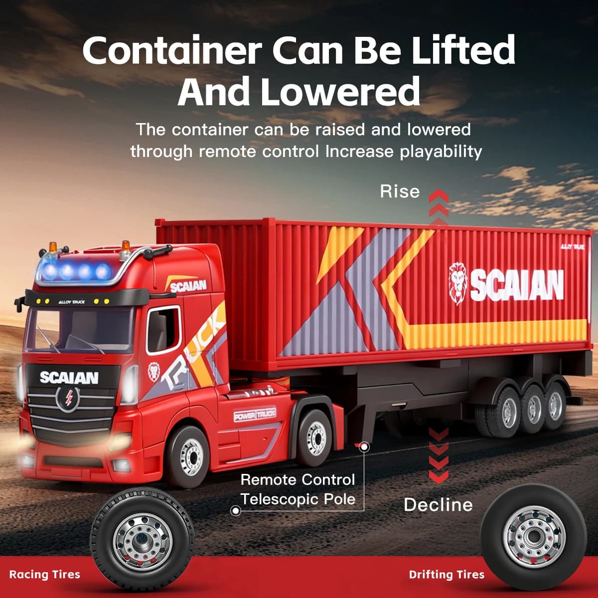 6408 1/64 Camion Trattore RC in Lega 4WD con Controllo Indipendente, Container Sollevabile, Luci e Clacson, Controllo di Crociera, Auto RC Giocattolo Regalo