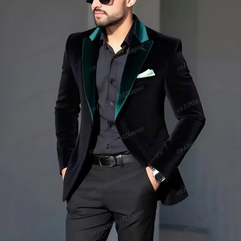 New Black Velvet Jacket Men Suit Formal Business Groom Groomsman Wedding Party Prom Male Tuxedos 2 Piece Set Blazer Pants
