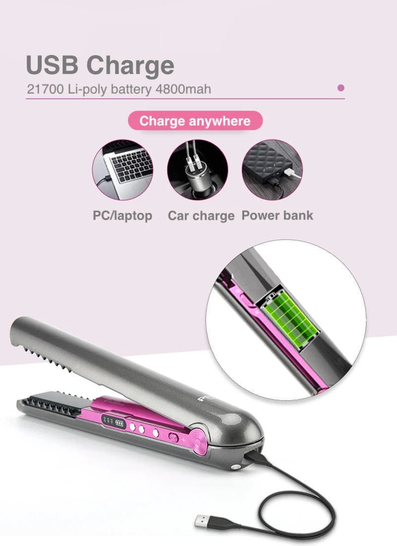 Mini Wireless Hair Straightener 4800mAh Battery Cordless Flat Iron Curling Iron Dual Use Wet Dry Hair Styling Device