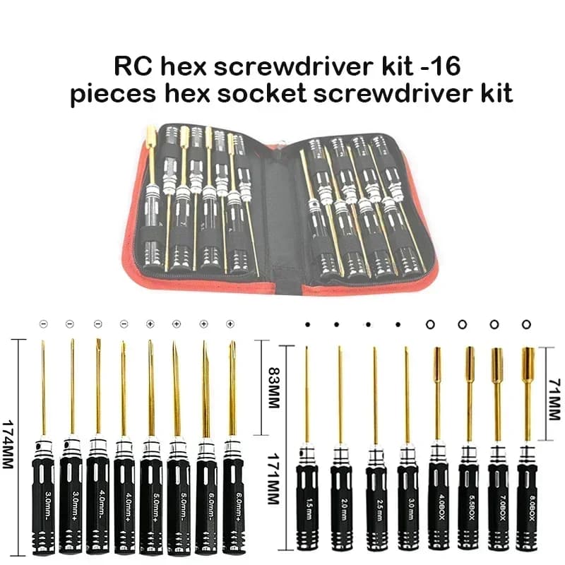 Set di Cacciaviti Esagonali RC - Kit da 16 Pezzi con Chiavi Esagonali e Allen per Auto RC, Elicotteri e Modellismo