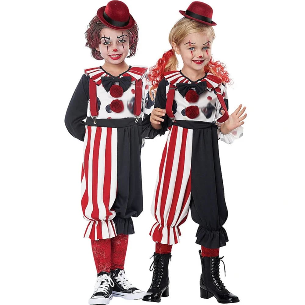 Costume da spettacolo da clown per bambini di Halloween, per ragazzi e ragazze, divertente set di vestiti per cartoni animati di ruolo, vestito operato da ballo per il trucco