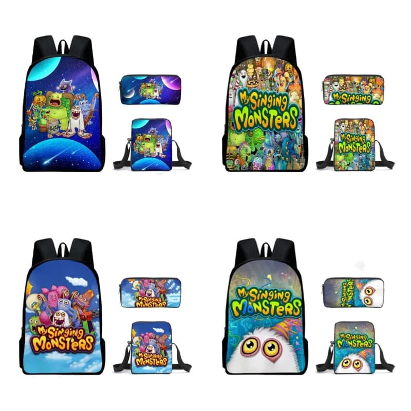 3pcs/set My Singing Monsters 3D Print Large Capacity School Bag Backpack Inclined Shoulder Bag Pencil Case Birthday Gift