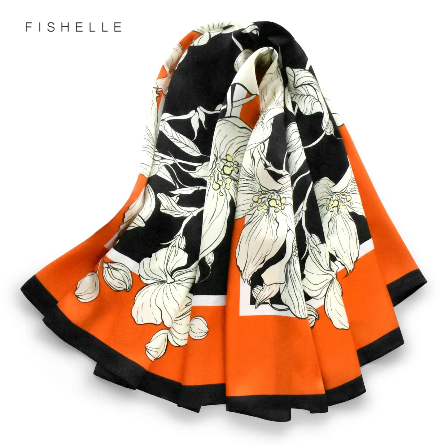 Sciarpa in Seta di Gelso 100% con Motivo Floreale Arancione, Lussuoso Foulard da Donna, Bandana 90cm, Hijab in Raso di Seta, Sciarpa per il Collo, Regalo