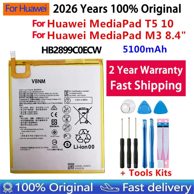 Batteria di ricambio al 100% per tablet Huawei MediaPad M3 8.4" MediaPad T5 10 AGS2-L09 AGS2-W09 AGS2-L03 AGS2-W19 5100mAh+Strumenti