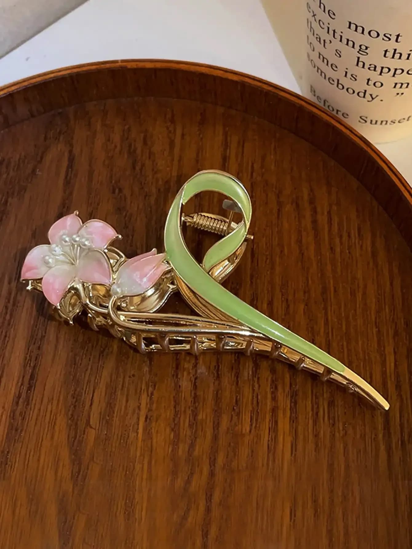 Fermaglio per capelli da donna in lega con perle finte a forma di fiore e foglia, stile boho romantico