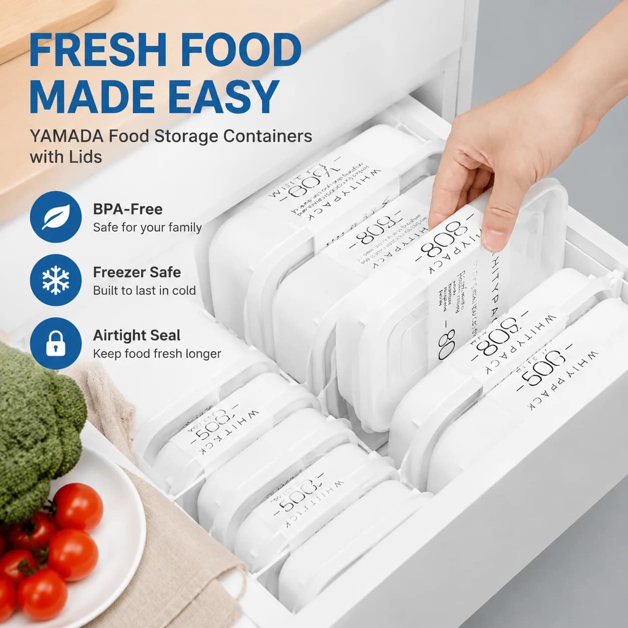 YAMADA Food Storage Containers with Lids, BPA-Free Freezer Safe Meal Prep Box for Meat Rice Vegetables, Airtight Refrigerator