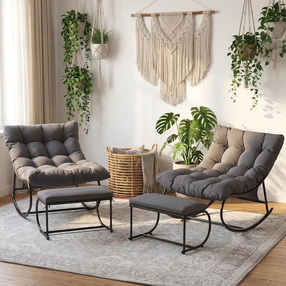 Set di Doppia Sedia a Dondolo a Forma di Uovo con Poggiapiedi, Cuscini Spessi, Ideale per il Relax all'Aperto in Giardino, Cortile o Balcone