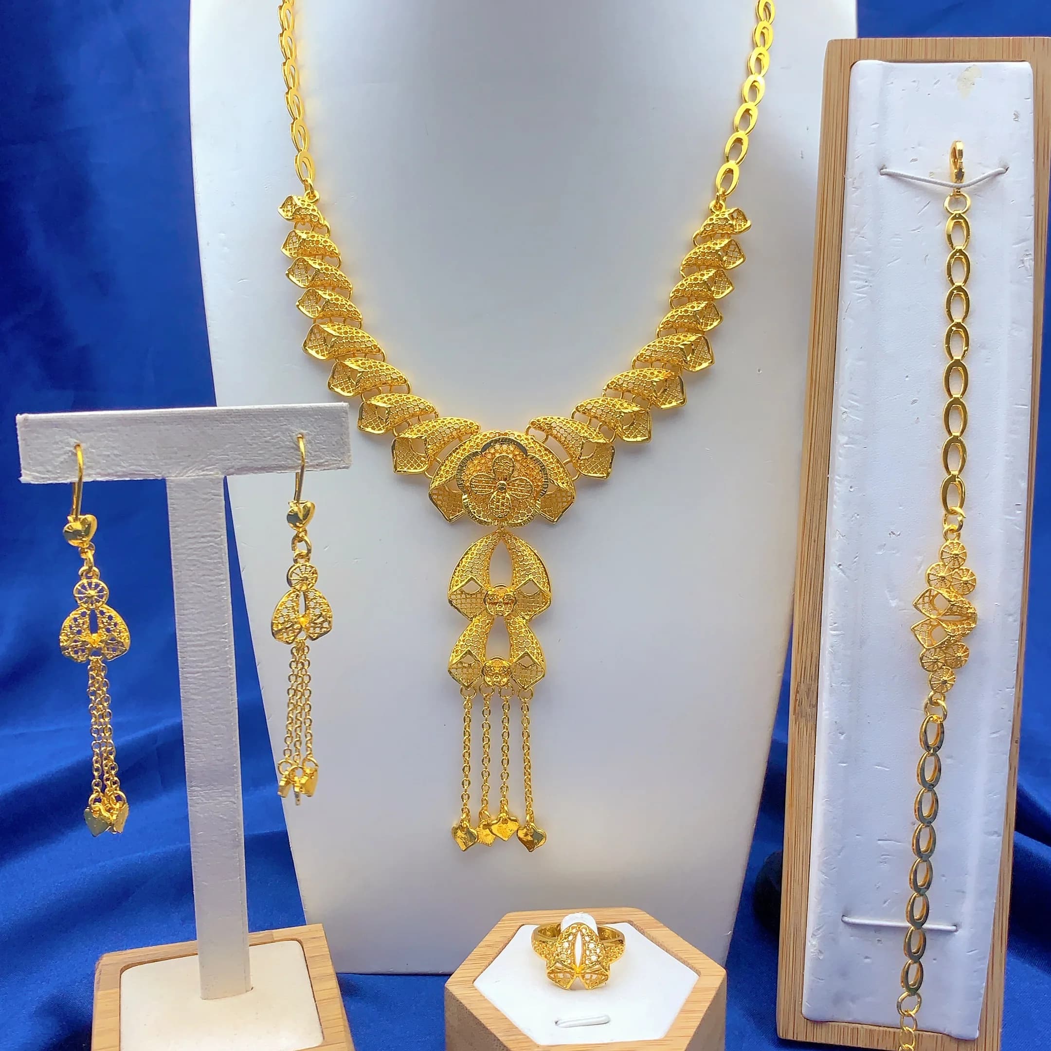 Set di gioielli da sposa etiopici color oro 24 carati per donna, collana lunga con nappe, bracciale, orecchini e anelli, stile Dubai/Nigeriano, idea regalo per feste.