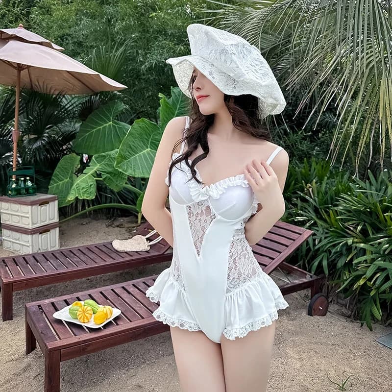 Sexy Pure White One-Piece Swimsuit For Women Perspective Sling Lace Splice Solid Deep V Waistband Backless High Waist Set 2026