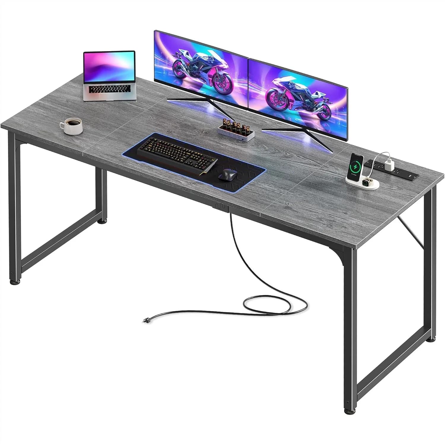 Scrivania per computer da ufficio con prese di corrente e porta USB-C, scrivania da gaming 63 x 24 pollici per studio, ufficio domestico e scrittura, grigia