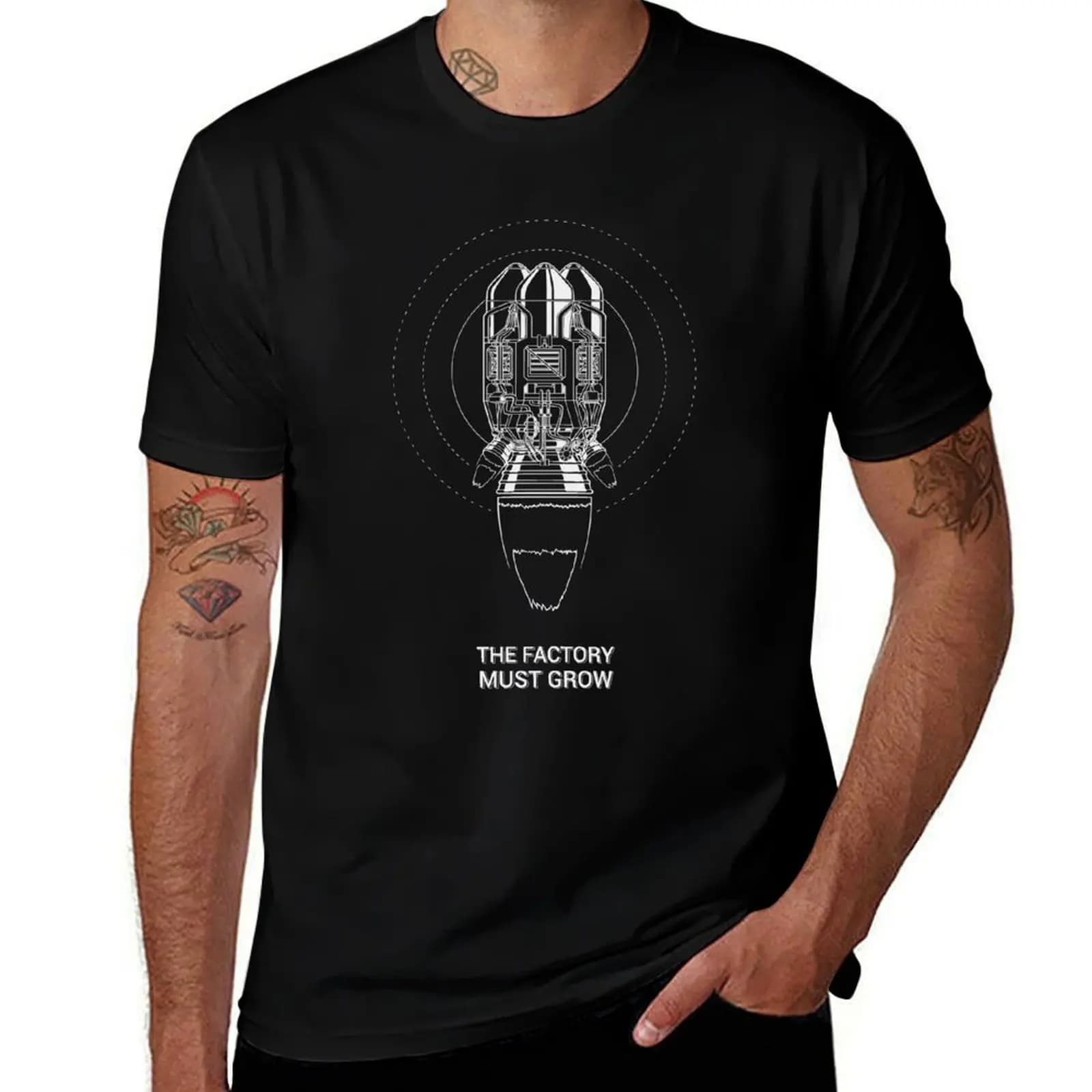 T-shirt con stampa artistica minimalista del meme Factorio Rocket con The Factory Must Grow