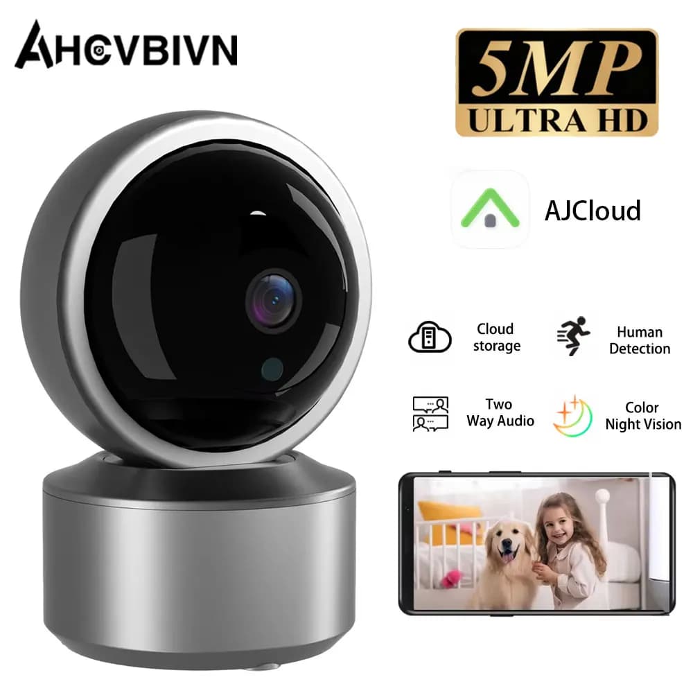 Telecamera IP WiFi PTZ HD 5MP AJCloud, Monitor per Bambini, Telecamera di Sorveglianza Interna Wireless con Tracciamento Automatico e Audio Bidirezionale
