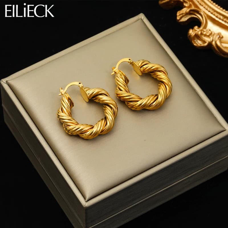 EILIECK 316L Stainless Steel Twist Circle Earrings for Women Fashion Ear Clasp Waterproof Jewelry Gift Party
