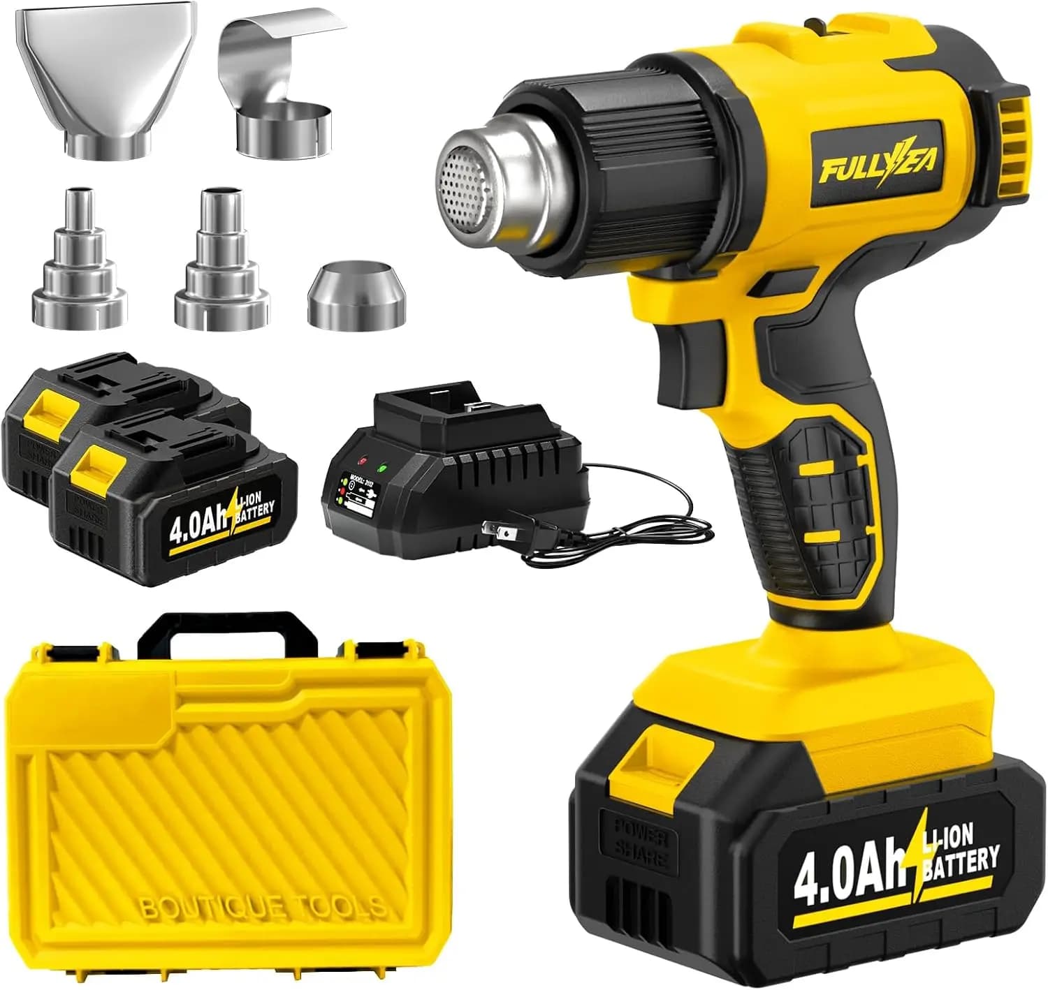 Cordless Heat Gun, Max 1022°F (550°C), Lightweight Hot Air Gun with 5 Nozzles & 2x4.0Ah Batteries, Portable Heat Gun Kit for Shrink Tubing, PVC Wrap, DIY Crafts (Yellow)