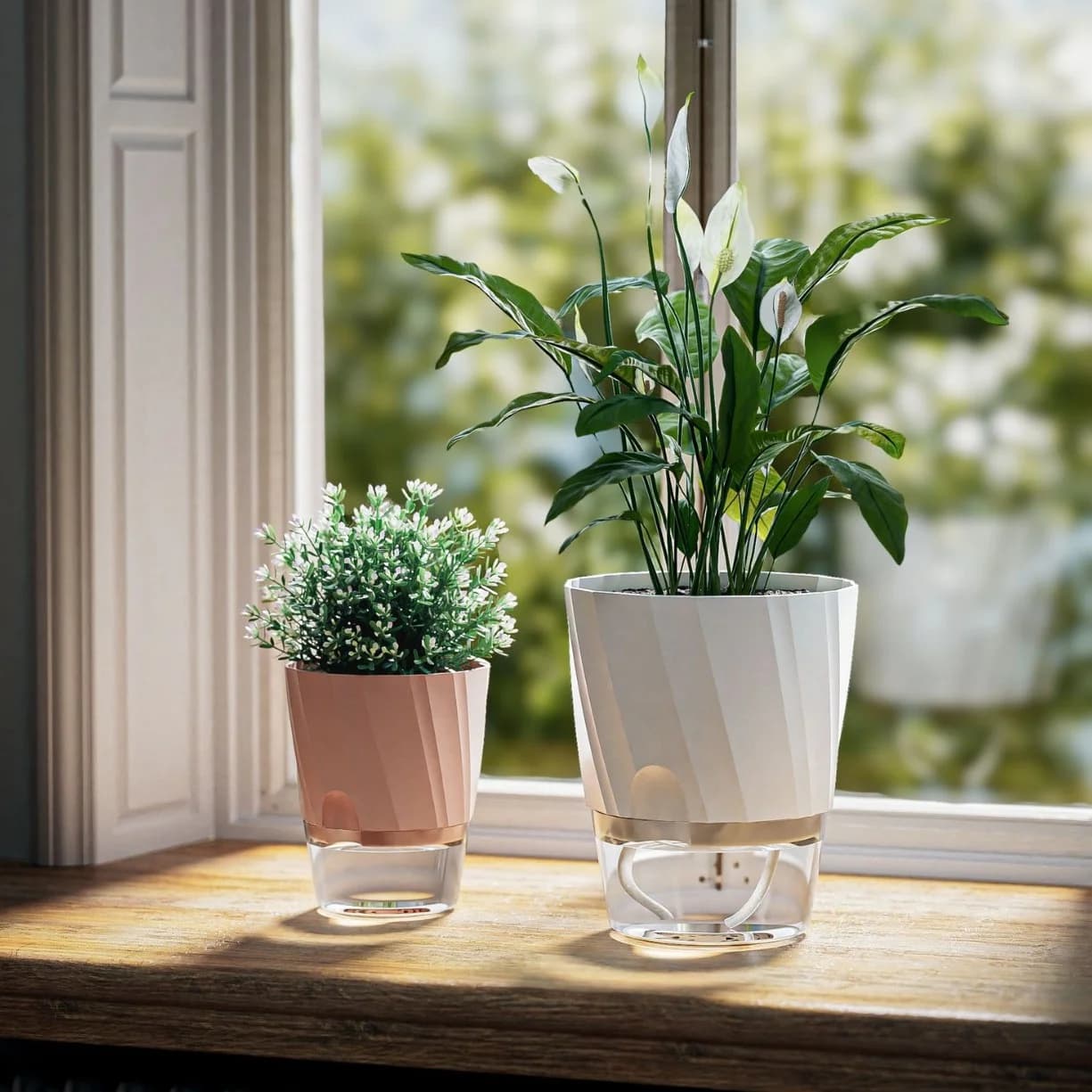 Vaso Idroponico Automatico Trasparente a Doppio Strato, Fioriera Autoirrigante in Plastica per Ufficio