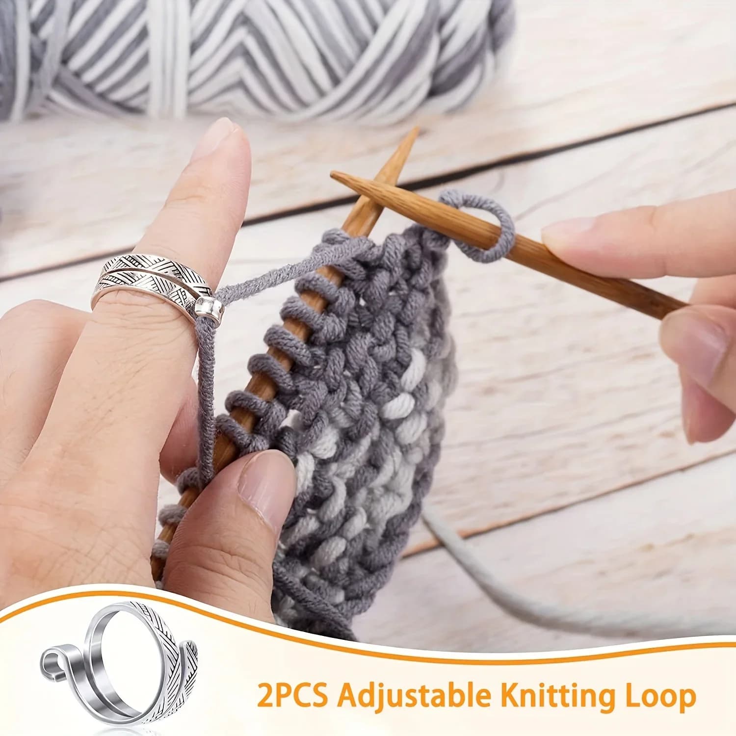 Finger-knitted crochet loops are interwoven, with adjustable crochet hooks. Opening yarn guide fingers for fixation.
