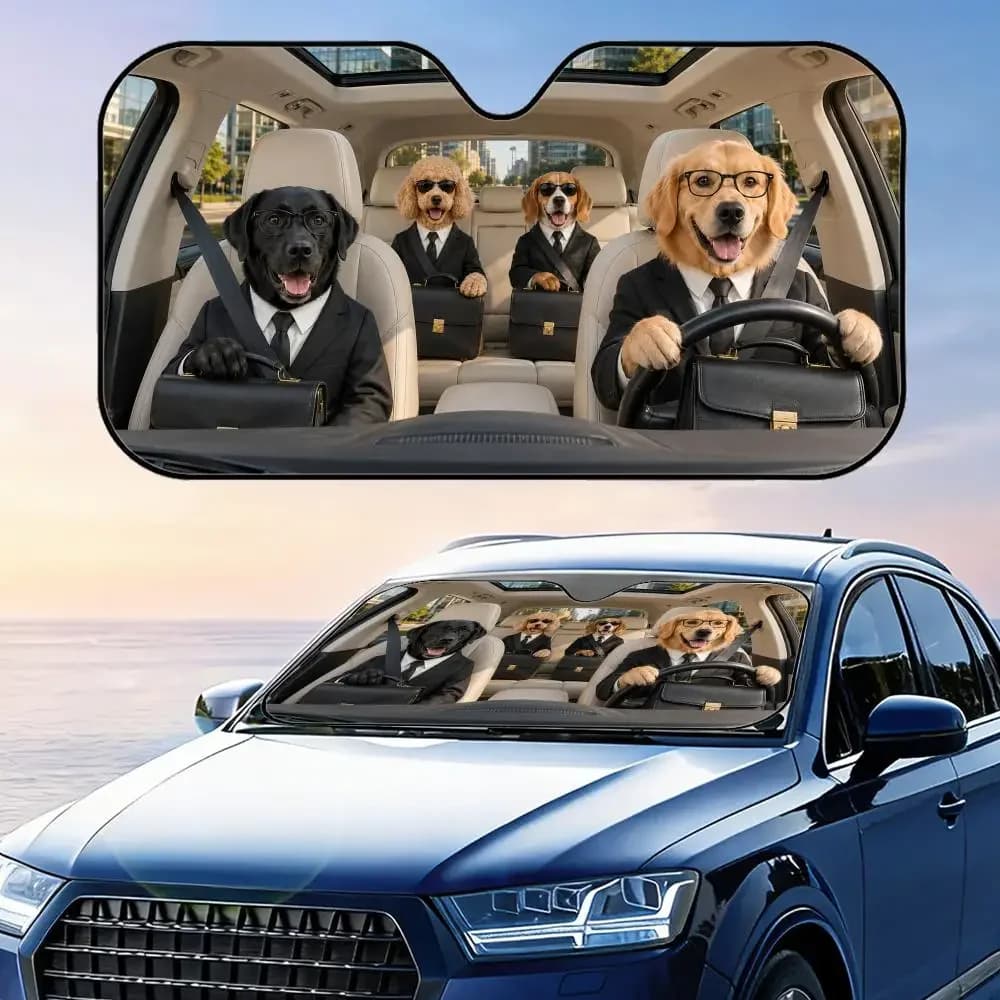 Parasole per Auto con Cane in Abito Nero che Trasporta una Valigetta, Protezione UV Riflettente Pieghevole e Isolante dal Calore