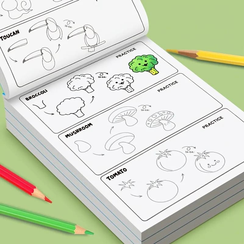 Drawing Practice Book, Beginner's Tutorial for Those with No Prior Experience, 32 Pages with a Variety of Fun Patterns, Step-By-Step Exercises for Easy Learning, Thick Paper That Is Easy to Color and Doesn'T Bleed Ink, Enhances Concentration, Develops Enlightenment Skills and Creativity, the Preferred Practice Book for Early Childhood Education and Art Education