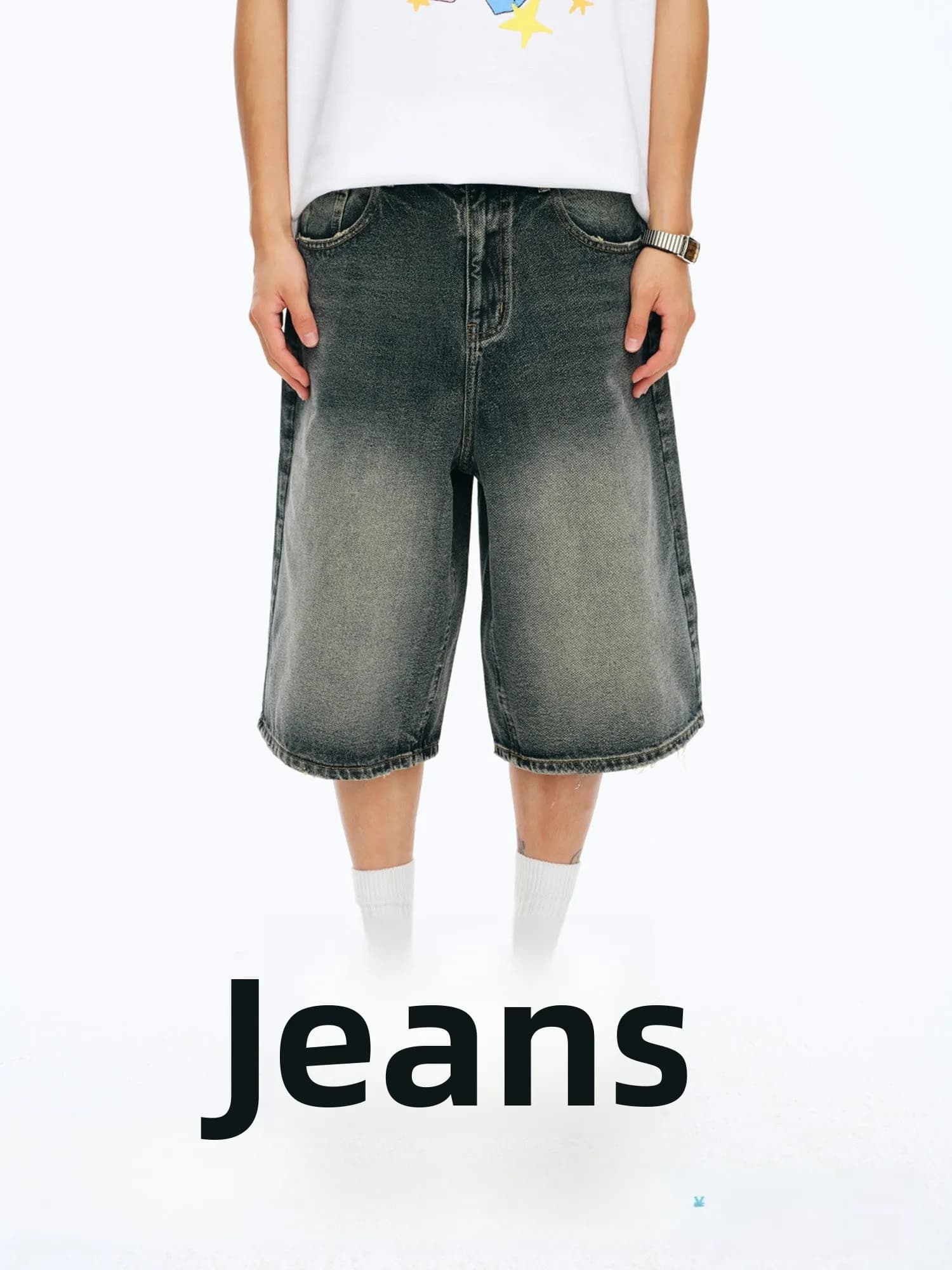 NewJNXS Retro Washed Diagonal Denim Jeans Straight Leg Five-Quarter Length Unisex Summer Casual Cotton Polyester Blend