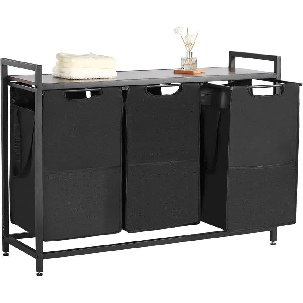 Robust laundry classifier with metal structure with wooden top and Oxford 600D fabric bags for efficient clothes storage