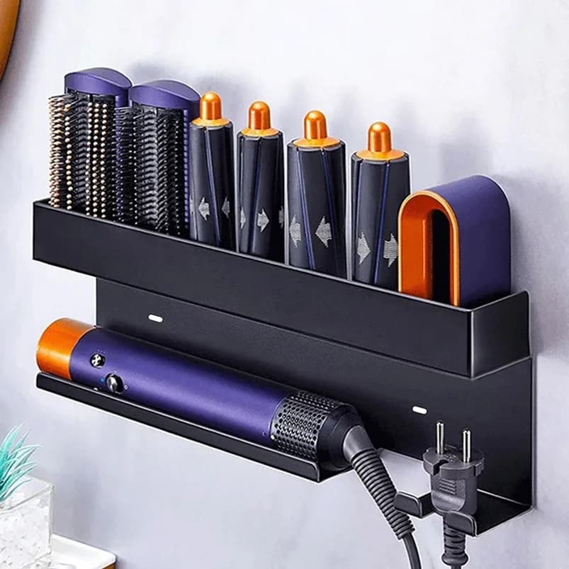 Non drilling wall mounted hair styling tool storage rack, bathroom hair dryer curling iron multifunctional storage rack