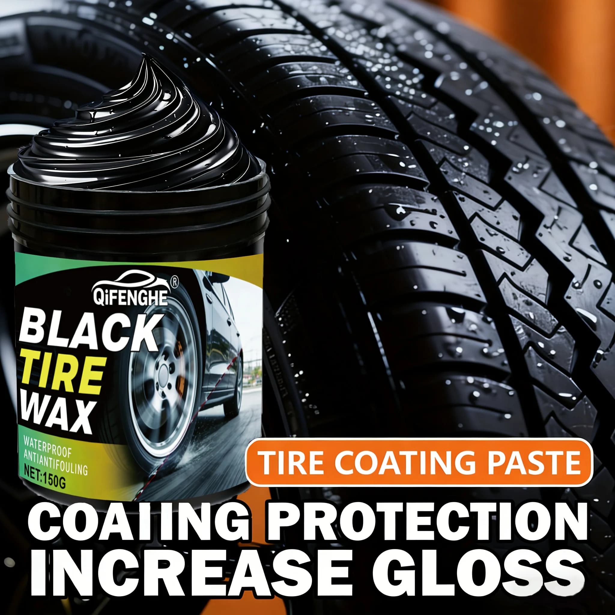 Black Tire Wax, Car Tire Shine Retread Cream with Sponge, Waterproof Anti-Fouling Anti-Aging Tire Polish Restorer for Auto Rubbe