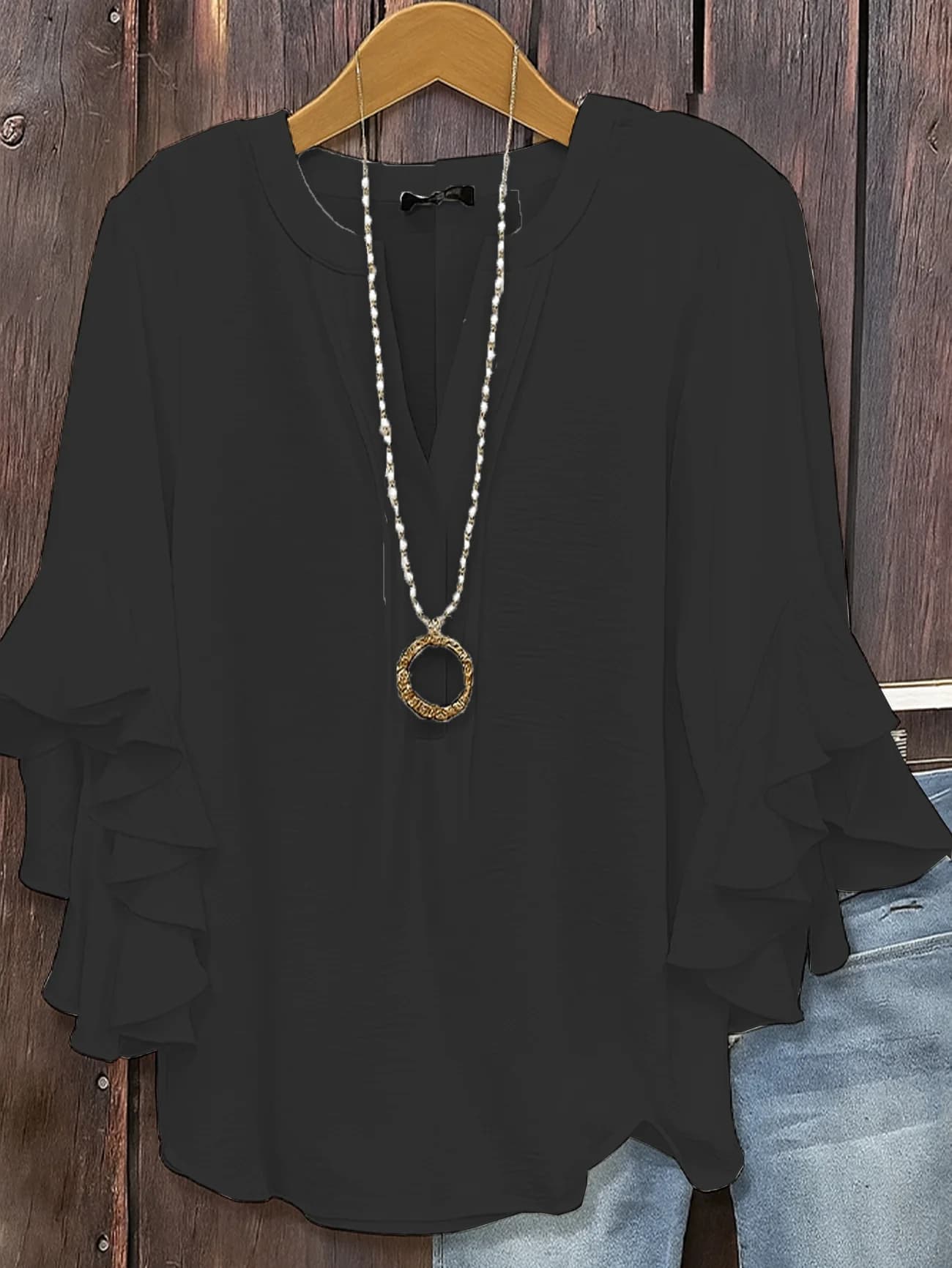 Camicetta da donna tinta unita elegante casual manica a 3/4 lunghezza scollo a V top regolari volant quotidiano nero bianco rosa verde militare estate