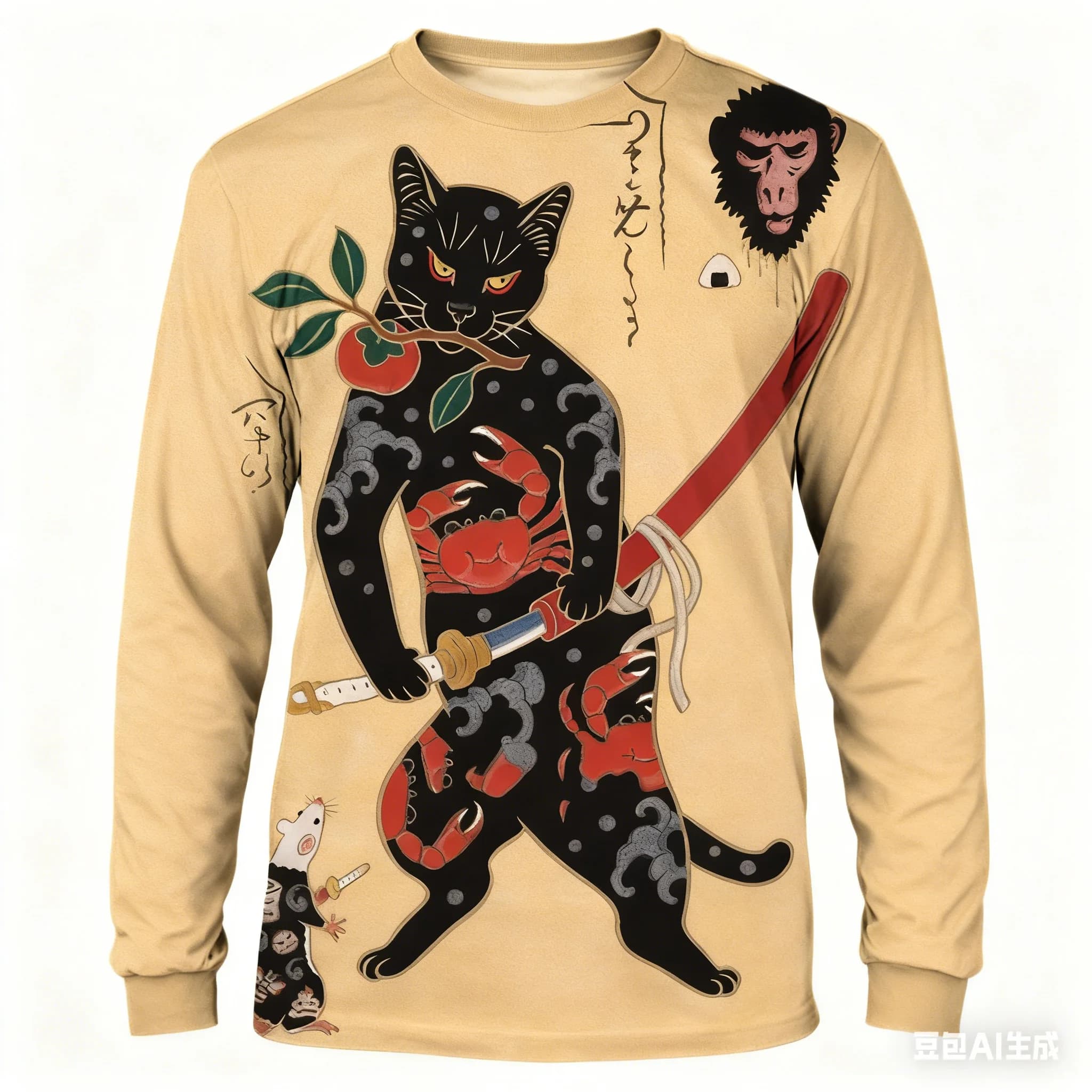 Spring and Autumn Casual O-Colle Coached Long Sleeve T-shirts And Shirts Japanese Samurai Cat Print T-shirt Men Hip Hop Trendy Tees y2k Dresses