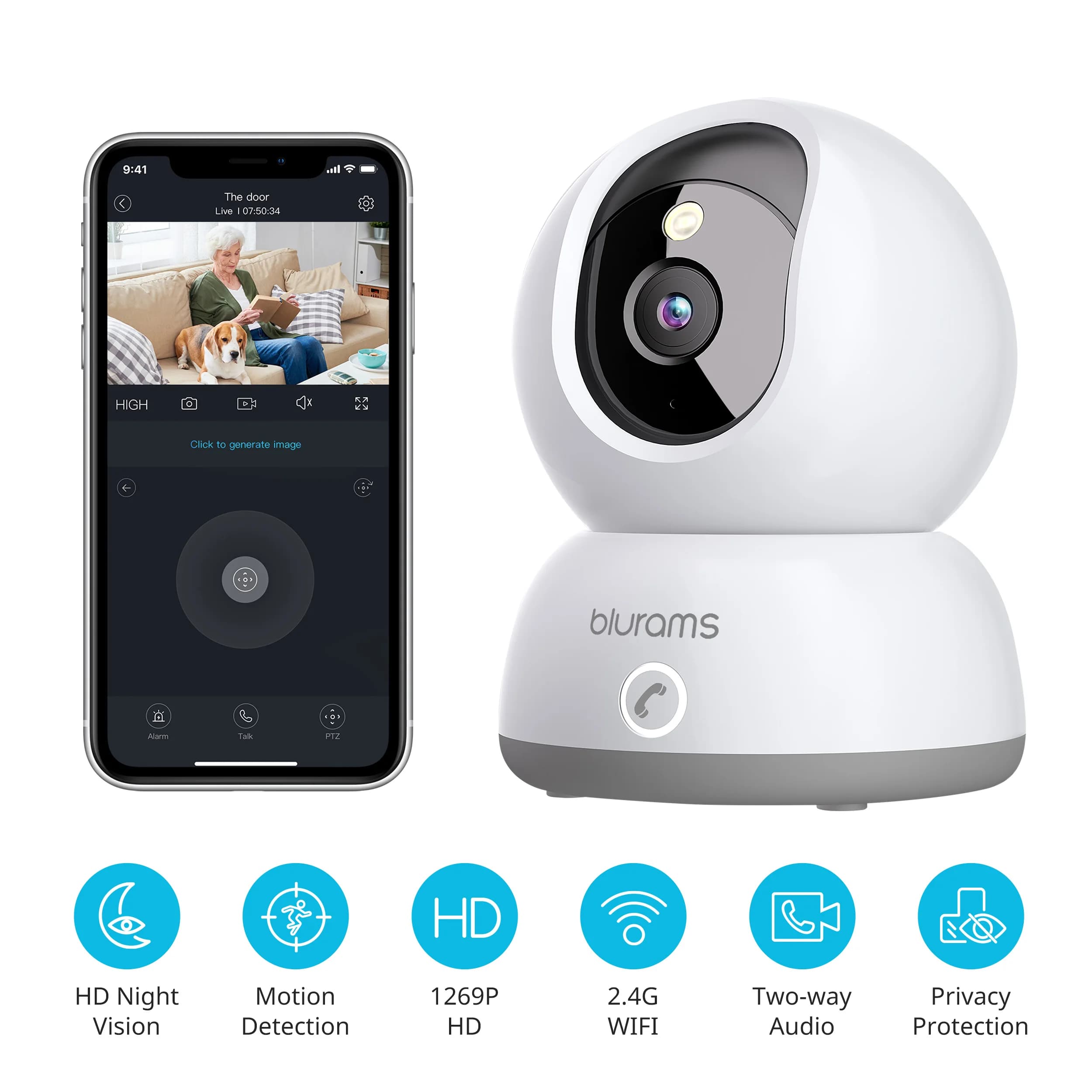 Telecamera di Sicurezza Interna Blurams 4MP, Chiamata con Un Solo Tocco, Comunicazione Bidirezionale, WiFi 2.4G e 5G, Telecamera di Sicurezza Domestica per Monitoraggio Cani/Bambini/Anziani