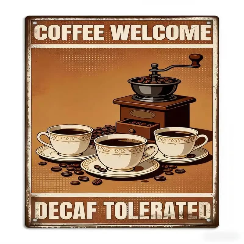 Vintage Coffee Welcome Decaf Tolerated Metal Tin Sign - 2D Retro Brown Wall Art (Cups, Grinder, Beans) - Iron, Perfect for Cafes