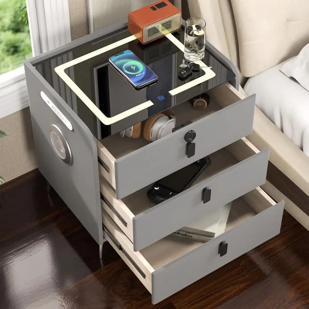 Wireless Charging Nightstand with Fingerprint Lock, 2 USB Ports, LED Lights, and Bluetooth Speaker